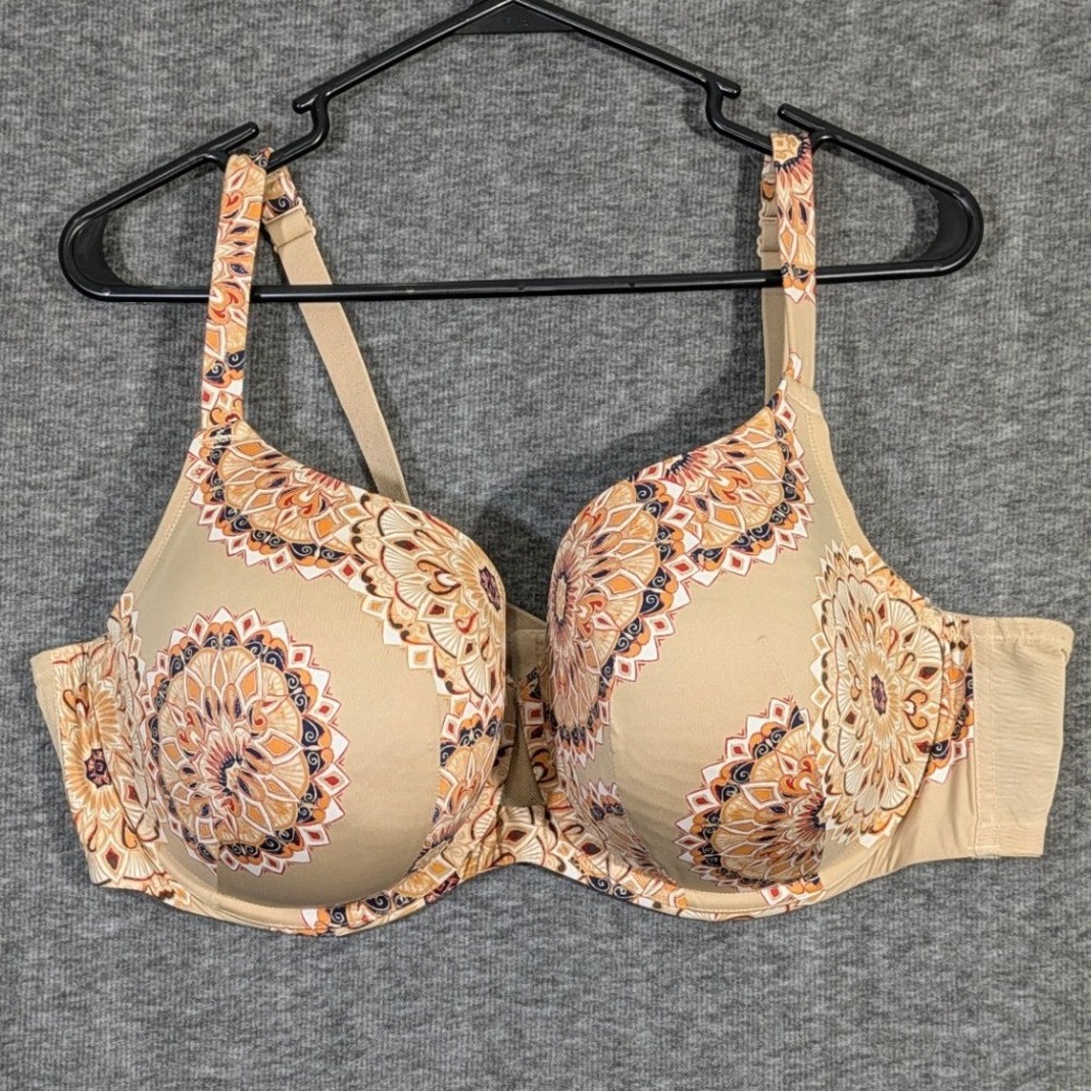 Cacique‎ Full Coverage Underwire Bra Tan Mandala Geometric Print T-Shirt Bra 46D